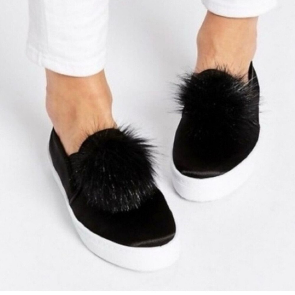 Betsey Johnson Black Velvet Pompom Slip On Flats